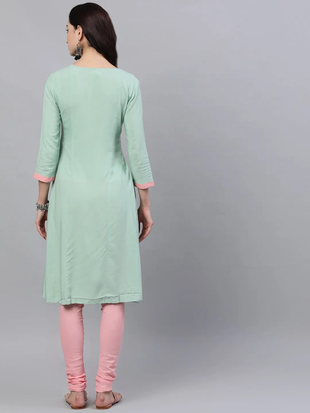 Women Pastel Green And Pink Embroidered Boat Neck With V-Slit 3/4Th Sleeves  Kurta With Pink Churidar