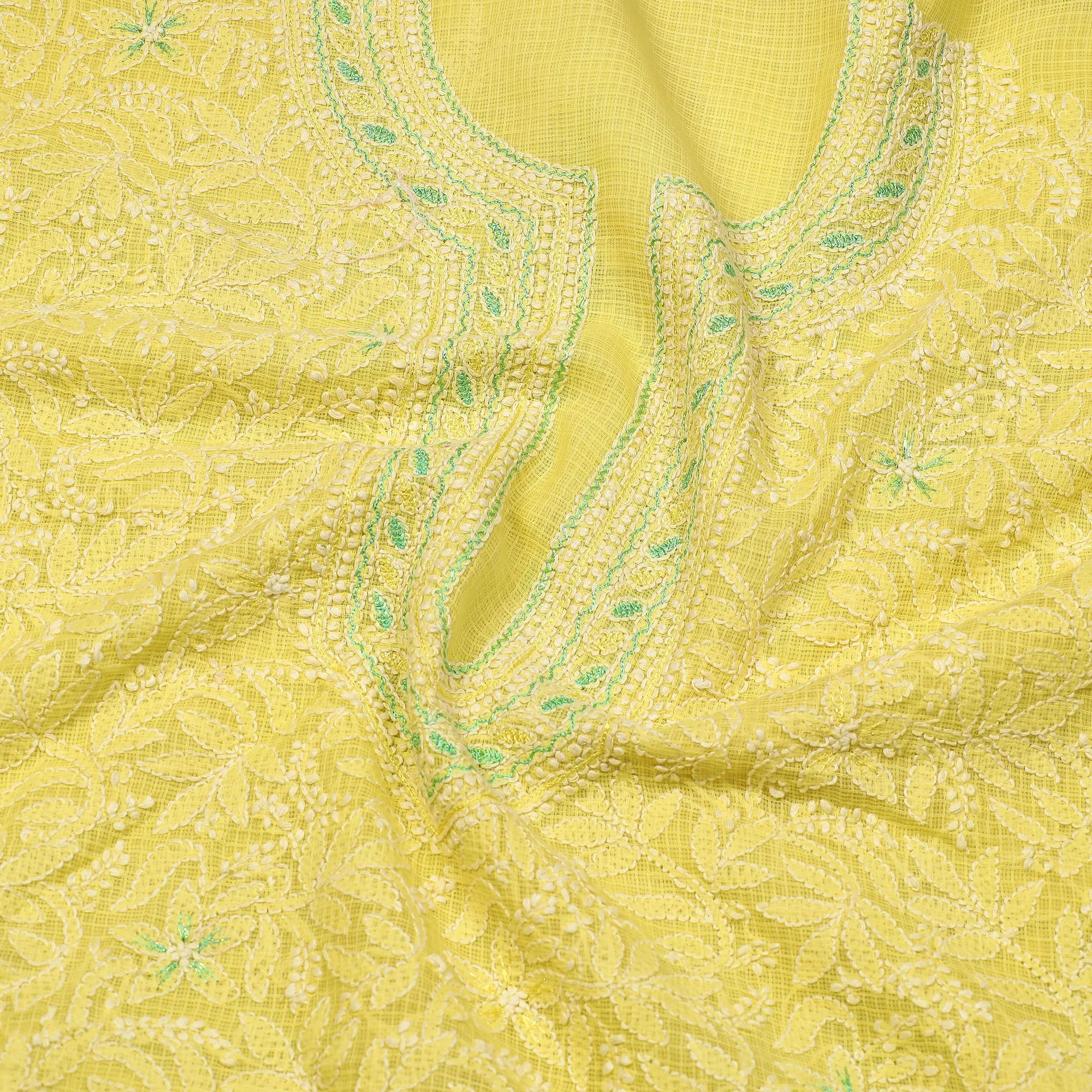 Yellow - 2pc Lucknow Chikankari Hand Embroidery Beadwork Kota Doria Suit Material Set