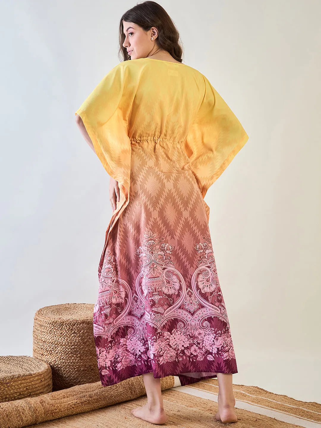 Yellow and Pink Gradient Kaftan with Intricate Floral Patterns