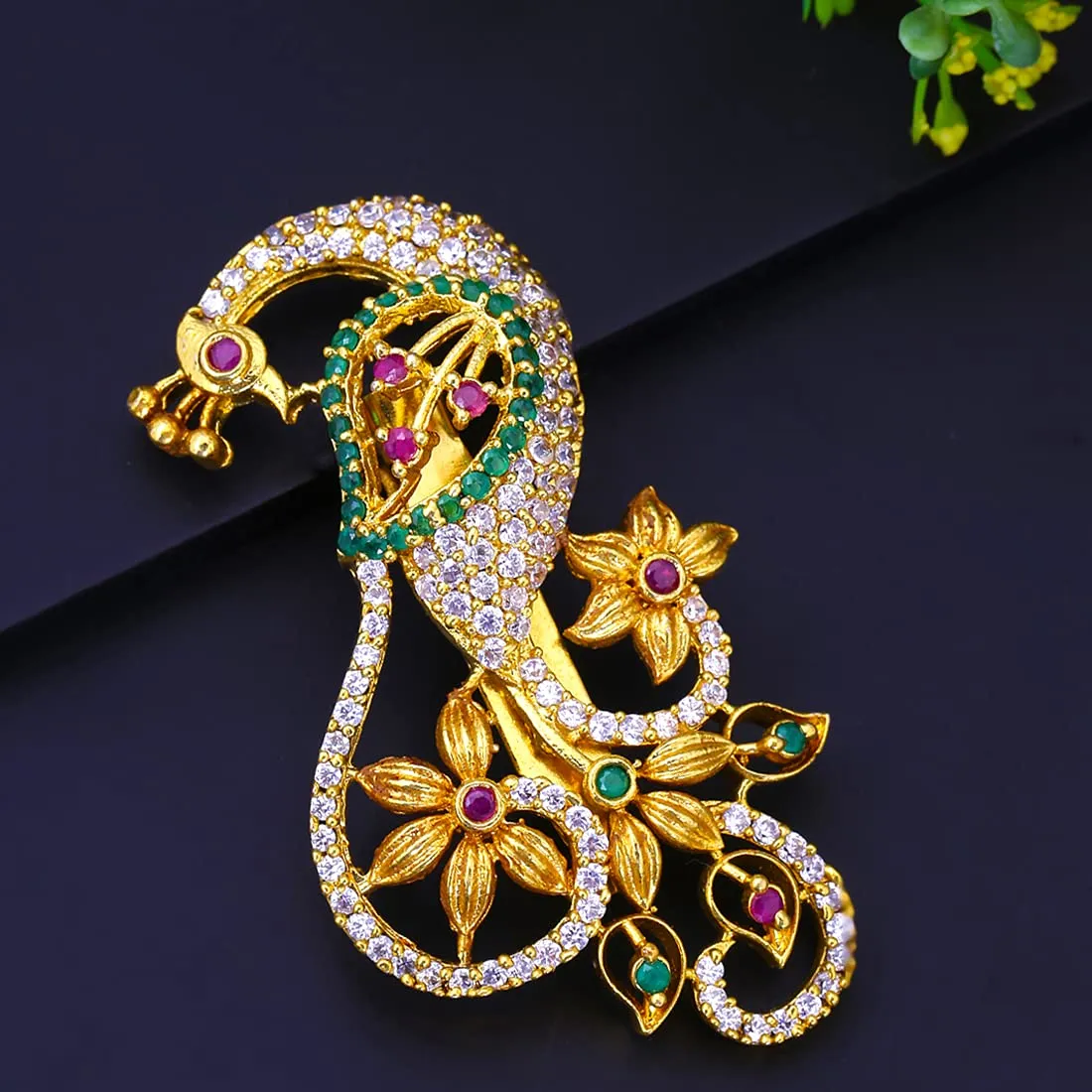 Yellow Chimes Brooch for Women Classic AD/American Diamond Brooch Pin Peacock Design Gold Plated Bridal Saree Pin for Women and Girls