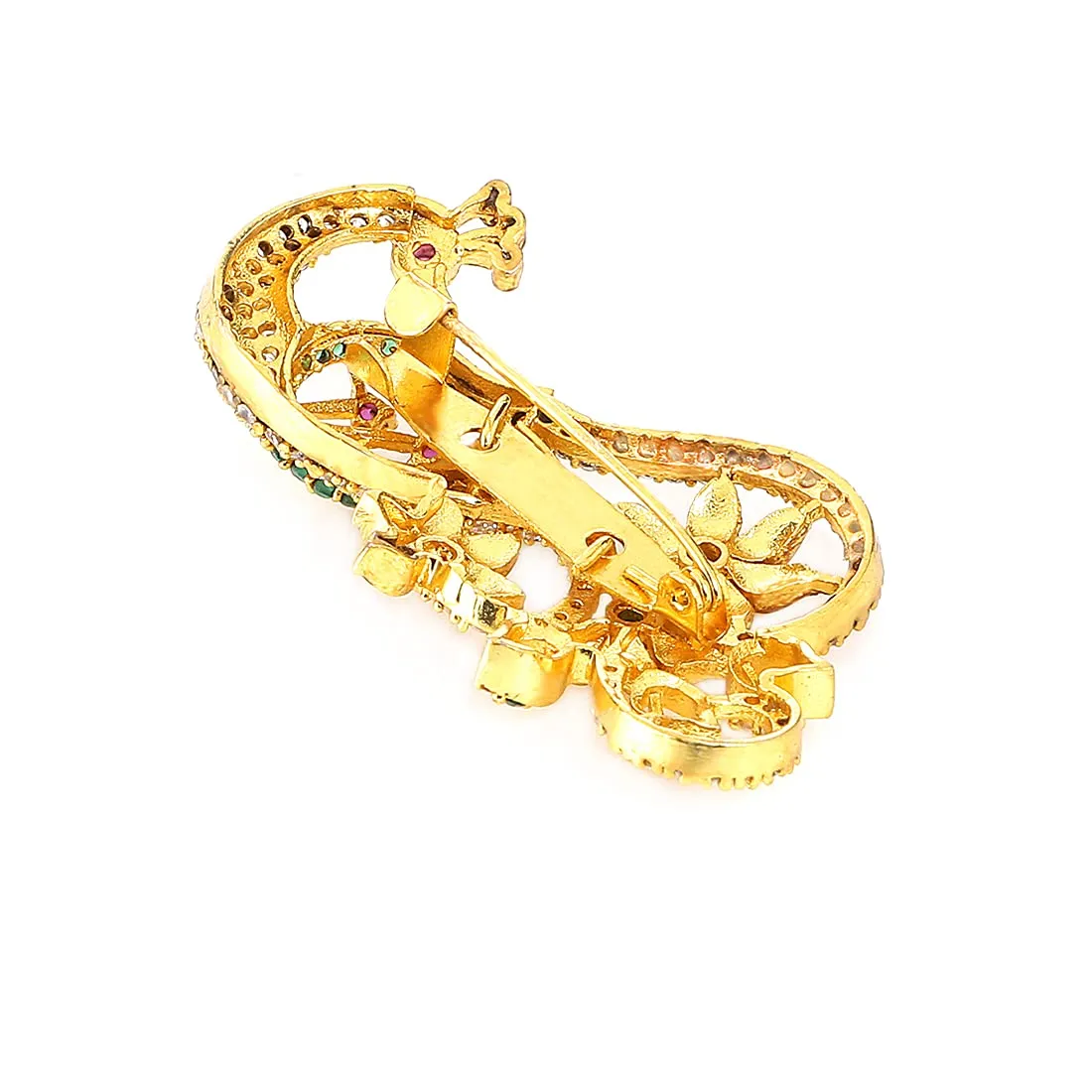 Yellow Chimes Brooch for Women Classic AD/American Diamond Brooch Pin Peacock Design Gold Plated Bridal Saree Pin for Women and Girls