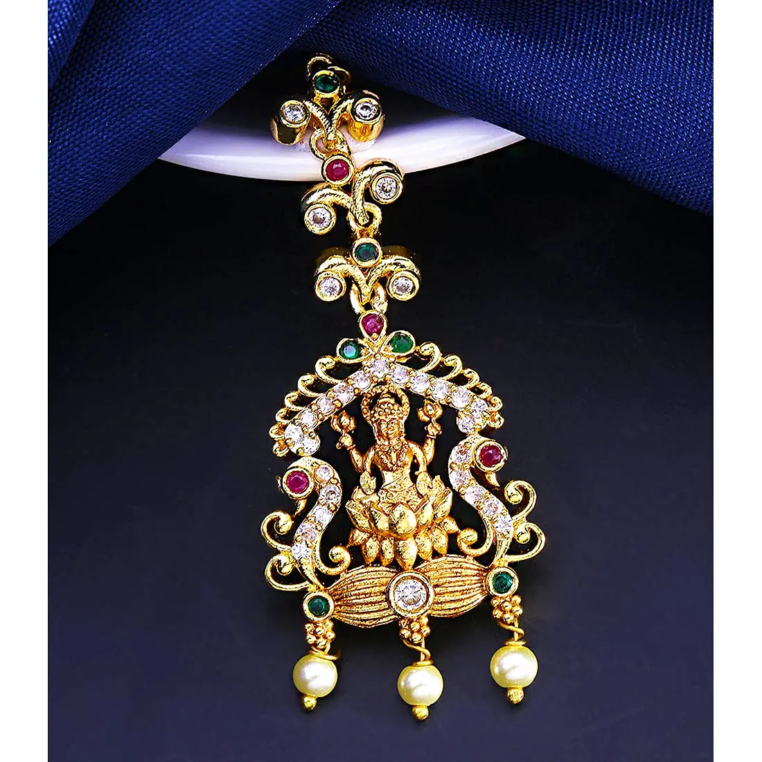 Yellow Chimes Classic AD/American Diamond Studded Gold Plated Lakshmi Design Maang Tikka for Women and Girls, Multicolor, Medium