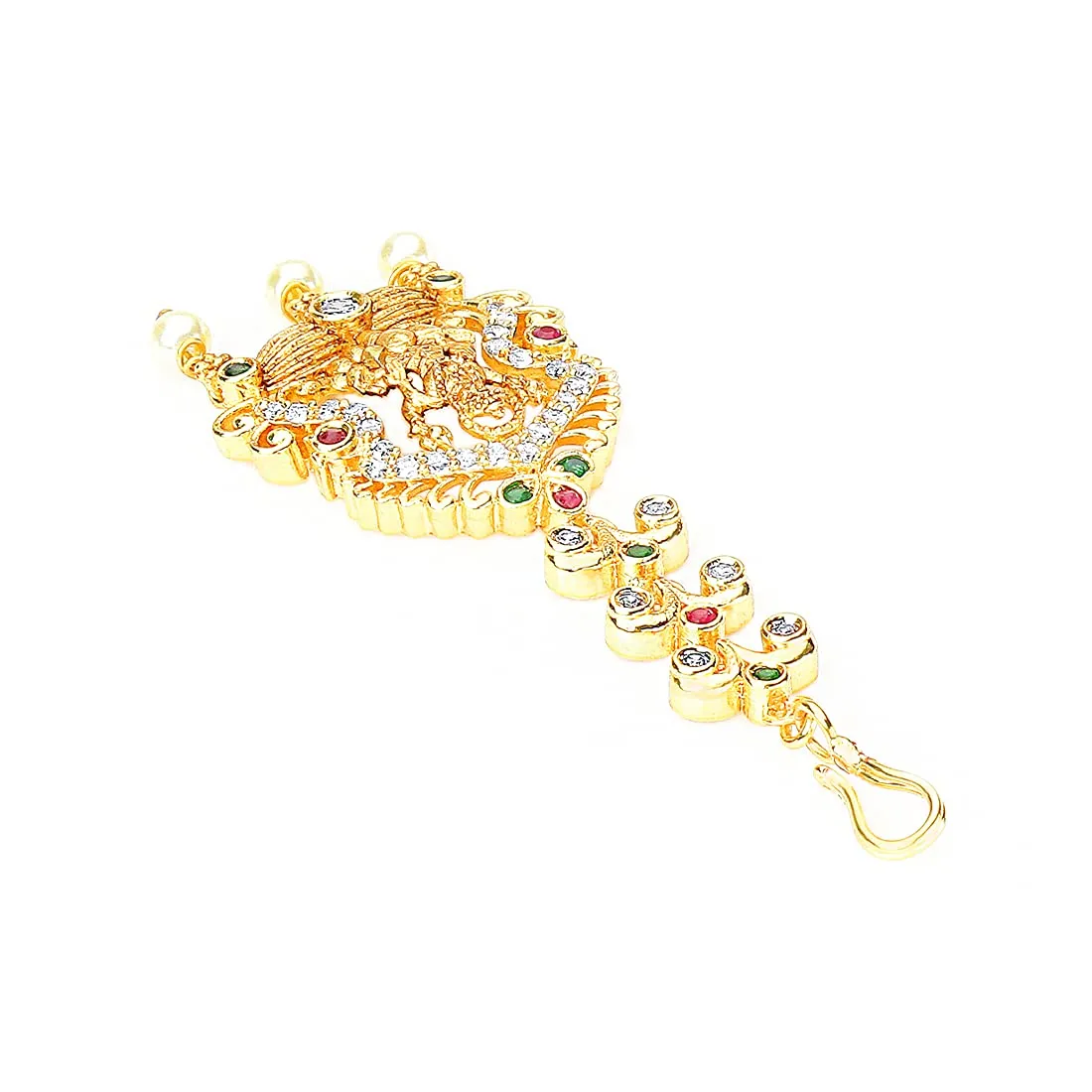 Yellow Chimes Classic AD/American Diamond Studded Gold Plated Lakshmi Design Maang Tikka for Women and Girls, Multicolor, Medium