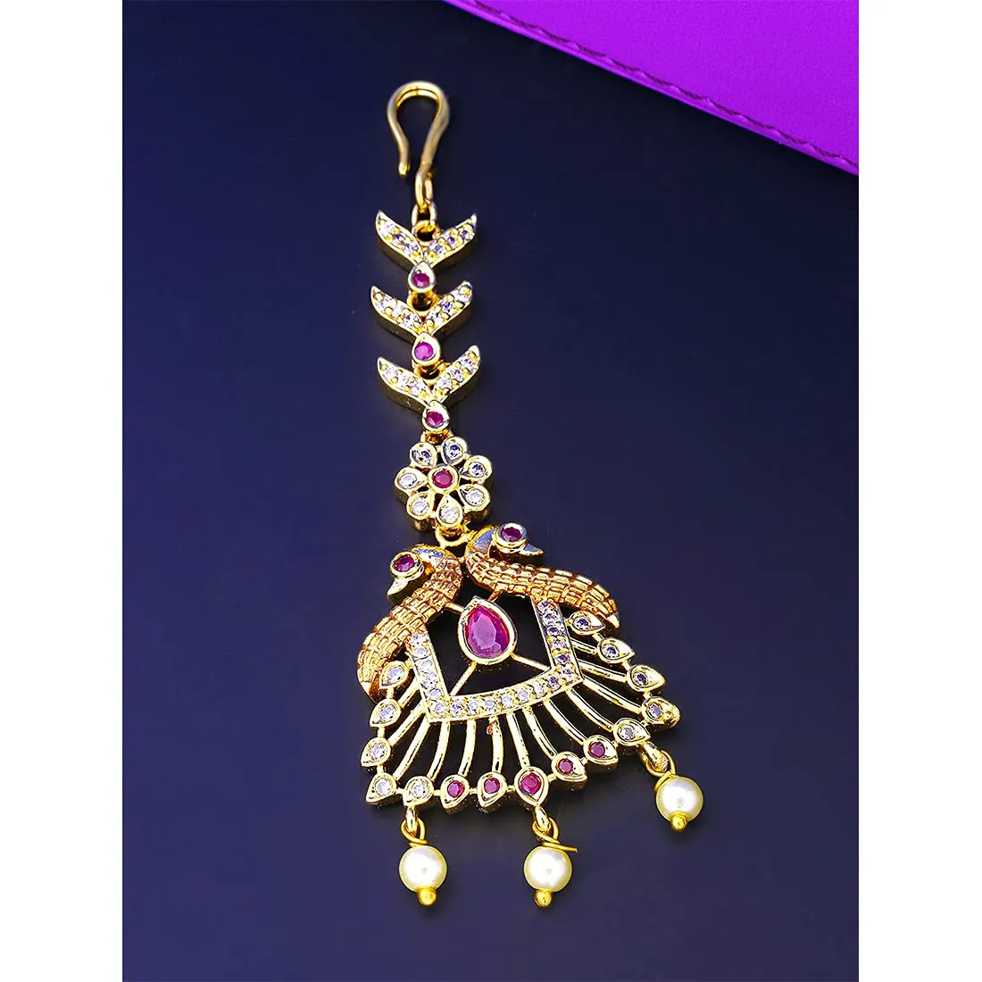 Yellow Chimes Classic AD/American Diamond Studded Gold Plated Peacock Design Maang Tikka for Women and Girls, Multicolor, Medium