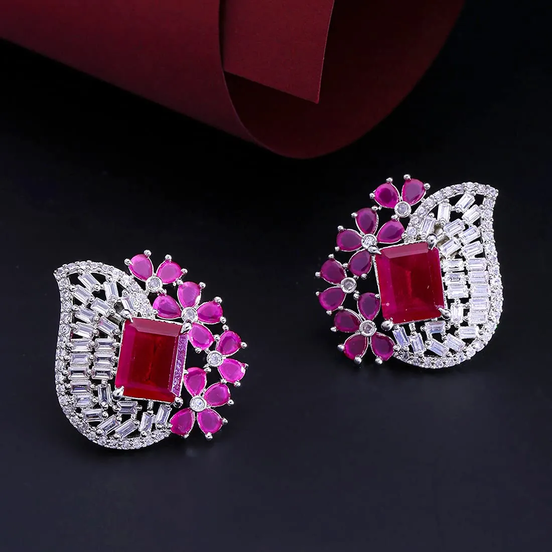 Yellow Chimes Classic AD/American Diamond Studded White Rhodium Plated Pink Flower Stud Earrings for Women and Girls, Medium