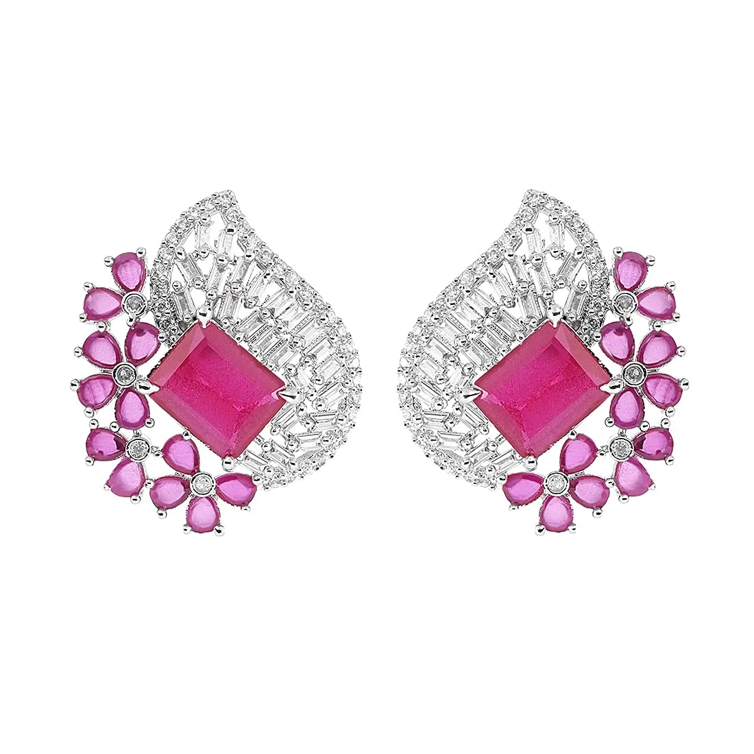 Yellow Chimes Classic AD/American Diamond Studded White Rhodium Plated Pink Flower Stud Earrings for Women and Girls, Medium